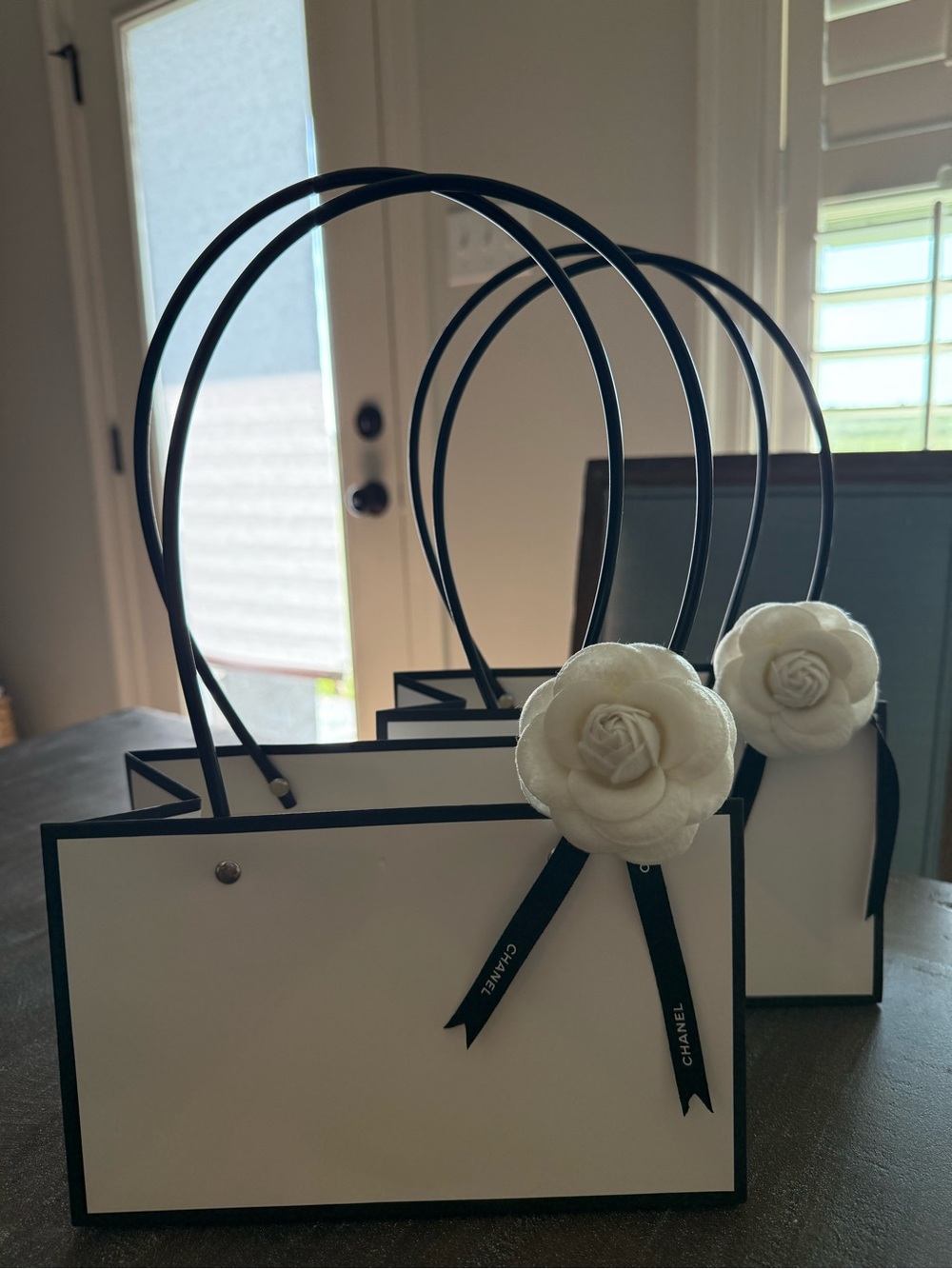 2 White &Black Chanel Ribbon with Black& white on Camellia flower Mini Gift Bags